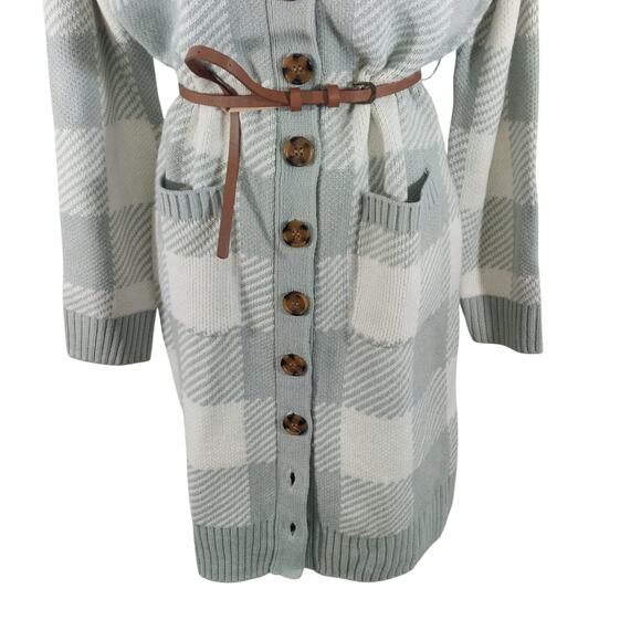 NWT! OLIVE & OAK! ASH GRAY & CREAM PLAID BUTTON FRONT BELTED SWEATER DRESS! SZ L - Picture 4 of 13
